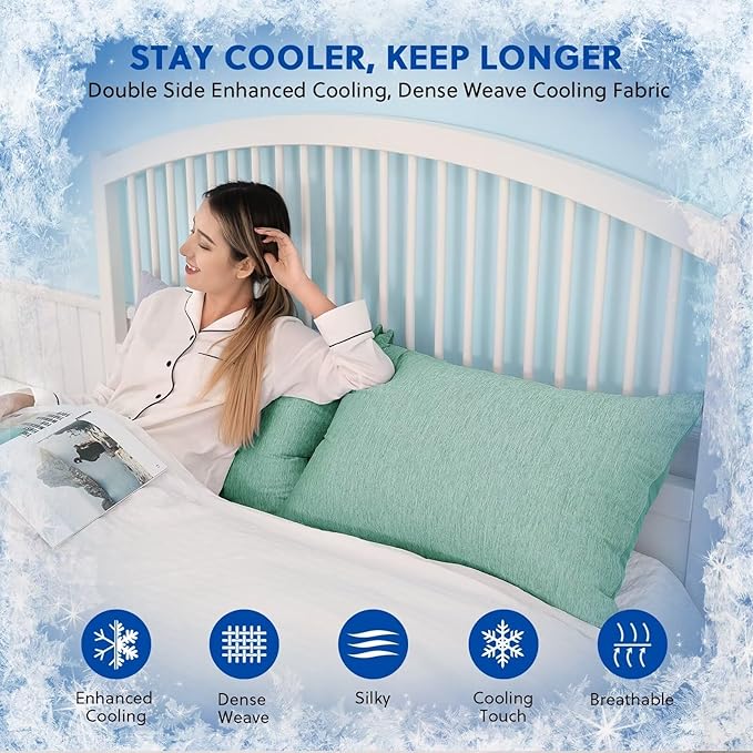 HOMFINE Cooling Pillowcases Queen Size - Double Side Q-Max 0.439 Cooling Fiber for Pillow Protector, Breathable Cold Pillow Cover for Hot Sleeper Night Sweat, Hidden Zipper, 2 Pack (20"x30", Green)