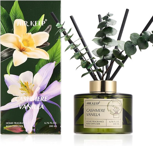 Airkeep Reed Diffuser Set with 6.76 fl oz Cashmere Vanilla Scent Essential Oils and 3 Leaves & 8 Diffuser Sticks,Bathroom Shelf Decor & Air Freshener, House Bedroom Office Decor & Gifts