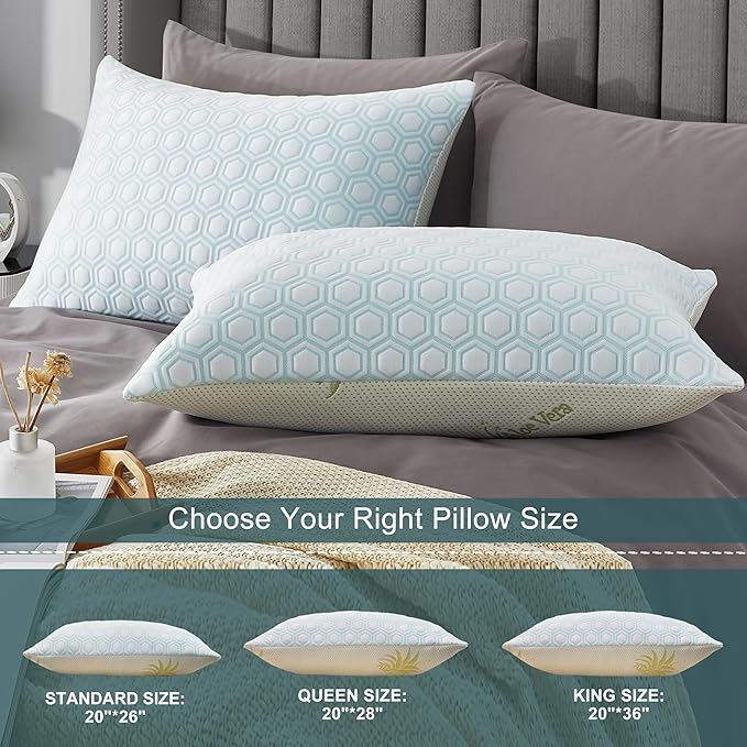 Memory Foam Pillows Standard Size Set of 2 Viscose from Bamboo Cooling Pillows for Hot Sleepers Adjustable Cool Pillow for Side Back Stomach Sleepers with Removable Washable Cover, 20"*26"