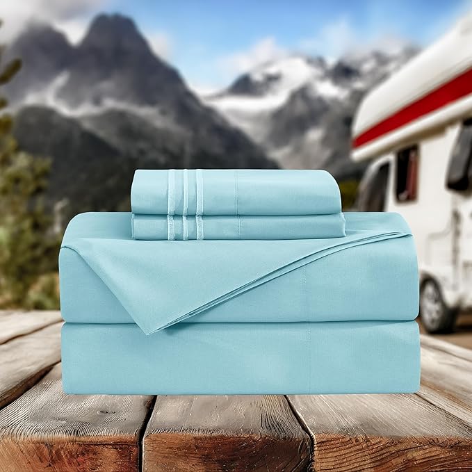 Elegant Comfort Luxurious 1500 Premium Hotel Quality Microfiber Three Line Embroidered Softest 4-Piece Bed Sheet Set, Wrinkle and Fade Resistant, RV Short Queen, Aqua