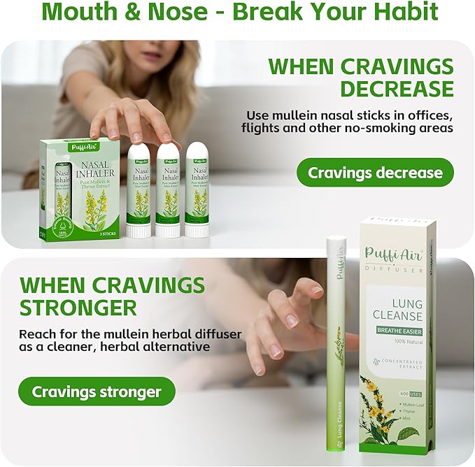 Mullein Respiratory Wellness Bundle: Herbal Lung Cleanse Diffuser (600 Uses) + 3-Pcs Nasal Sticks – Craving Relief, Focus Boost & Easy Breathing