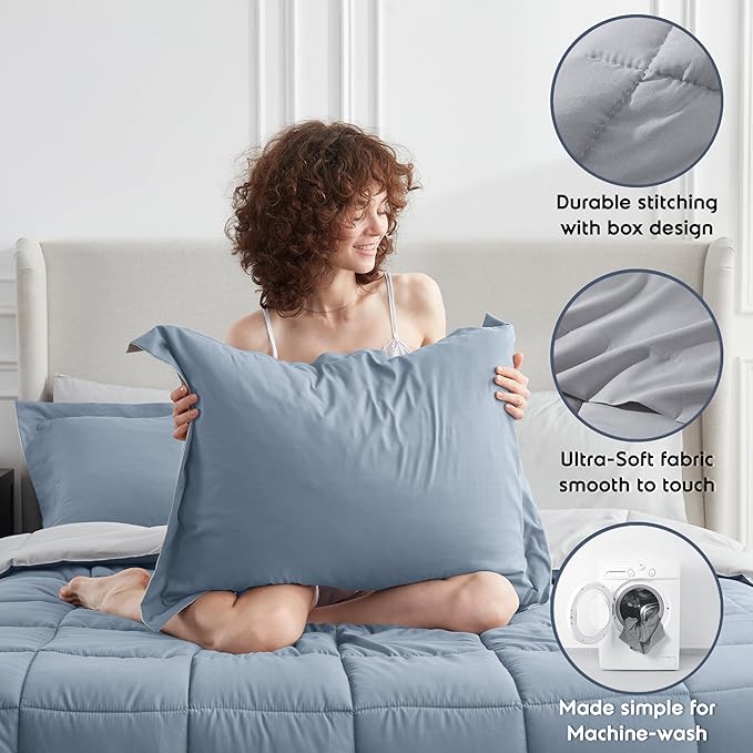 Nestl 9 Piece California King Comforter Set – Stone Blue Reversible Bed in a Bag – Complete Cal King Size Bedding Set with Sheets, Set of 2 Down Alternative Pillows, Pillowcases and Shams