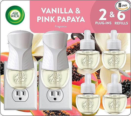 Air Wick Plug In Scented Oil Starter Kit, 2 Warmers + 6 Refills, Vanilla & Pink Papaya, Essential Oils, Air Freshener