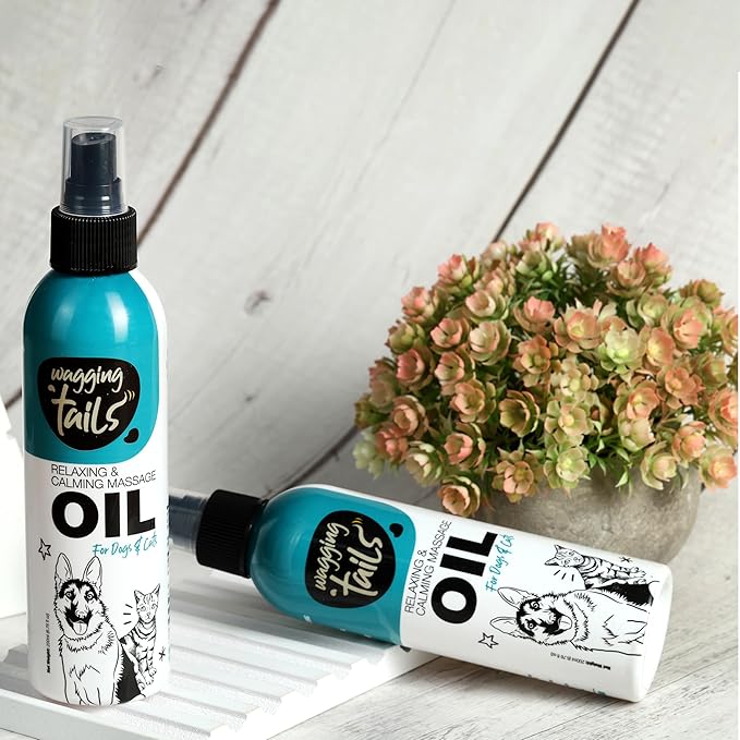 Wagging Tails Relaxing & Calming Massage Oil for Dogs and Cats | Pure Essential Oil Blend with Lavender & Almond Oil | Nourishing Skin & Shiny Coat, Promotes Relaxation for Pets 6.76 fl oz