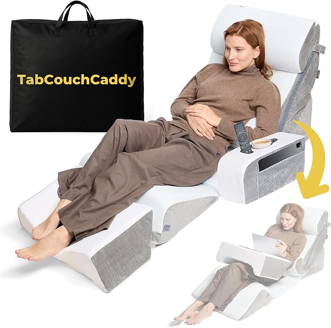 TabCouchCaddy 8-Piece Orthopedic Wedge Pillow Set for Sleeping, Post-Surgery Recovery, Back & Leg Pain Relief, Acid Reflux & GERD Support with Tablet & Cup Holder (Furry)