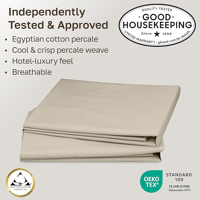 California Design Den 100% Egyptian Cotton Pillowcases King Size Set of 2 - Crisp Percale Feel, Soft & Breathable King Pillowcase Cotton Set - Beige