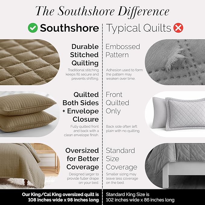 Southshore Fine Living, Inc. Oversized King Quilt Bedding Set, Taupe Quilt California King Size Bedspread with 2 Matching Pillow Shams, Microfiber Quilts, Soft & Cozy Bedding Coverlet, Taupe Quilts