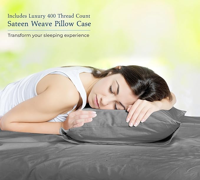 ROYALE LINENS 400 Thread Count 100% American Grown Cotton 3 Piece Sateen Twin Sheet Set - 1 Fitted Sheet, 1 Flat Sheet, 1 Pillow case - Grey Twin Bedsheet - Cotton Sheets - (Twin, Spanish Slate)