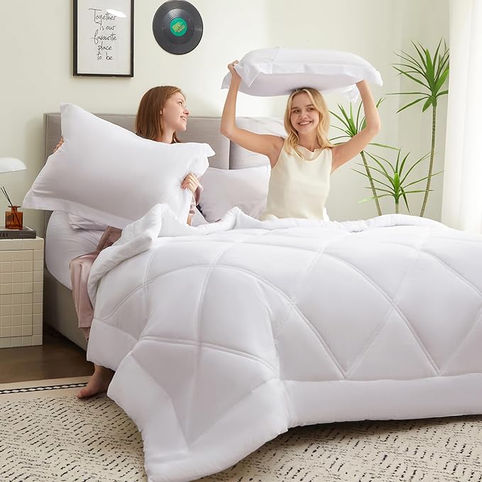 JOIEDOMI King Size Comforter Set with Sheets White, 7 Pieces King Bedding Set with 1 Down Alternative Comforter, 1 Flat Sheet, 1 Fitted Sheet, 2 Pillowcases and 2 Pillow Shams Bed in a Bag All Seasons