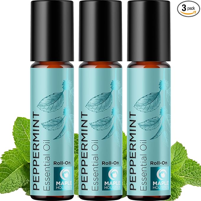 Peppermint Oil Roll on - Pure Peppermint Rollerball Essential Oil Aromatherapy Stick for Headaches - Natural Travel Essential and Pregnancy Must Have for Headaches Energy & Focus Support (3 Pack)