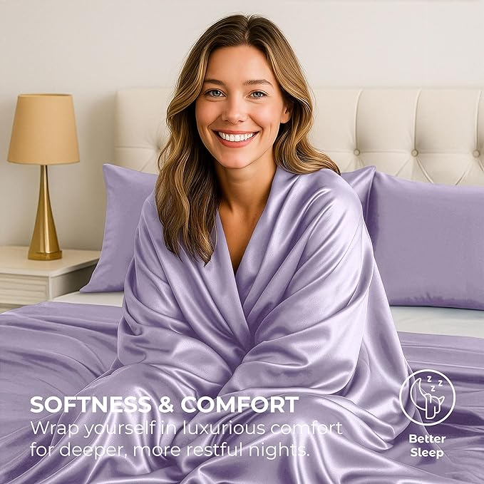 Satin Sheets Twin [3-Piece, Lavender] Hotel Luxury Silky Bed Sheets - Extra Soft 1800 Microfiber Sheet Set, Wrinkle, Fade, Stain Resistant - Deep Pocket Fitted Sheet, Flat Sheet, Pillow Cases