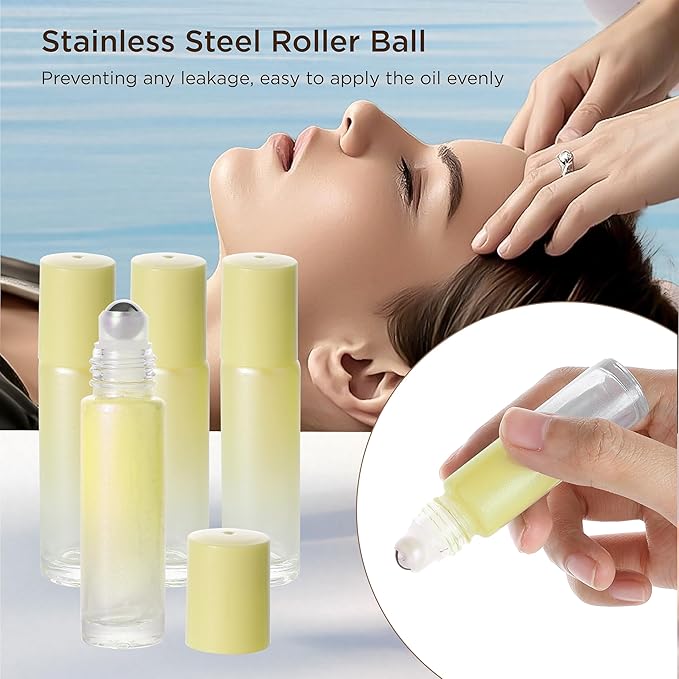 SESENSE Essential Oil Roller Bottles, 10ml Thick Glass Perfume Roller Bottles with Funnel Opener and Dropper Colored Glass Empty Bottles with Stainless Steel Roller Balls (Yellow, 4 Pack)