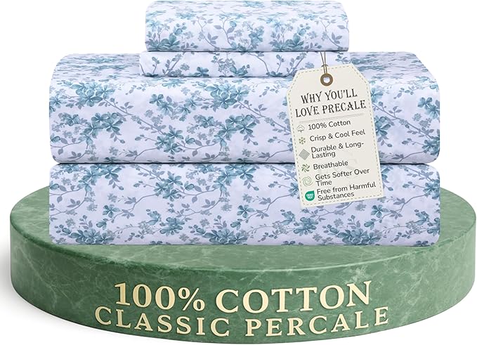 Feather & Stitch Softest 100% Cotton Sheets, 300 Thread Count Percale Weave Bedding, 16" Deep Pocket, Cooling Sheets, Breathable Bed Set, Hotel Premium Quality (Full, Blue Floral)
