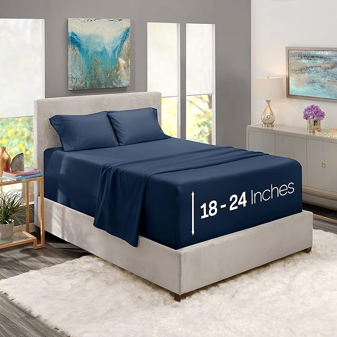Nestl Queen Size Sheet Set, 4 Piece Extra Deep Pocket (18-24 inches), Microfiber, Cooling, Hotel Luxury, Soft, Breathable, Wrinkle-Free, Easy to Care, Navy Blue