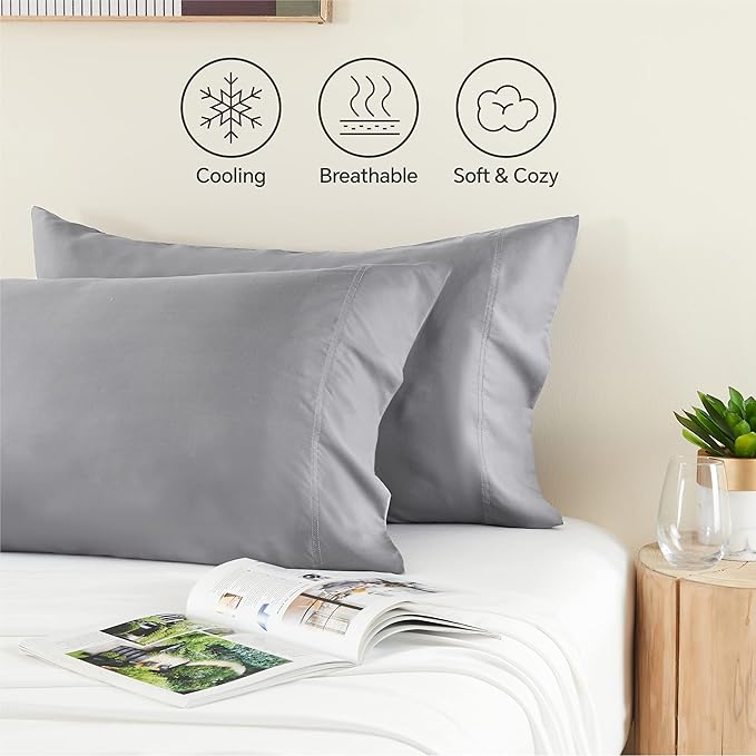 BEDELITE Pillow Cases Standard Size Set of 2, Rayon Derived from Bamboo, Cooling Pillow Cases for Hot Sleepers & Night Sweats, Breathable and Silky Soft Envelope Pillowcases(Silver Grey, 20"x26")