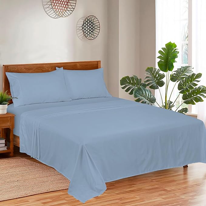 ROYALE LINENS 300 Thread Count Cotton Sateen Sheet Set - 4 Piece Full Bed Sheets - 1 Fitted, 1 Flat & 2 Pillow Cases - Soft Cool & Crisp Sheet Set (Full, Dusty Blue)