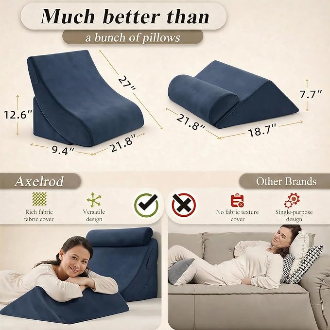 Axelrod 4PCS Orthopedic Bed Wedge Pillow Set, Post Surgery Foam for Back, Neck and Leg Pain Relief Comfortable & Adjustable Pillows- Anti Snoring, Heartburn, Acid Reflux & GERD Sleeping Dark Blue