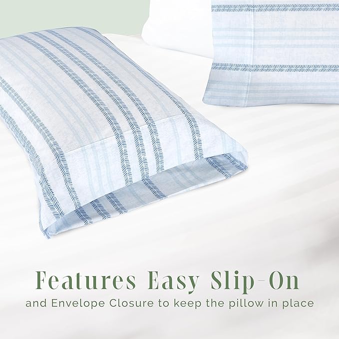 Elegant Comfort Ultra Soft Set of 2 Striped Print Pillowcases - 1500 Premium Hotel Quality Microfiber, Soft and Smooth Envelope Closure 2-Piece Pillow Covers - Standard/Queen, Traci Aqua
