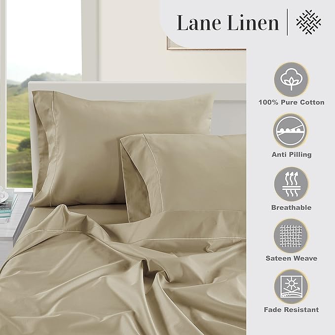 LANE LINEN Pillow Case Covers King Set of 2 100% Egyptian Cotton Sateen Soft Cool & Smooth Cases - Linen