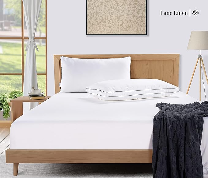 LANE LINEN Bed Pillows Standard Size Set of 2-20"x26" Medium Firm Down Alternative Pillows for Sleeping, Hotel Quality Back Stomach or Side Sleeper Pillow, Cooling Soft Breathable Easy Care - White