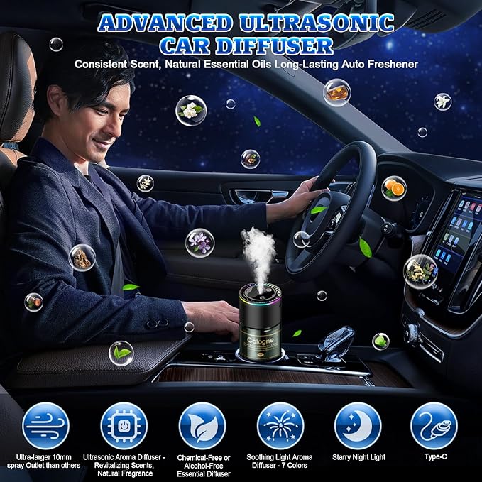 Smart Car Air Freshener, CarDiffuser with 6.09 Fl Oz /180ml Capacity Essential Oil Last 9 Months Fragrance, 5s Full-Car Fragrance, Adjustable Intensity, Auto On/Off, Women & Men for Velvet Cologne