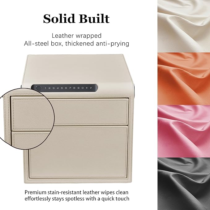 Jewelry Safe with Drawers，Biometric Fingerprint safe, Slide-Away Handgun Safe for Pistols, Leather Wrapped Jewelry Storage Safe, Digital Keypad & Quick-Access Drawer(White- 2 Drawer)