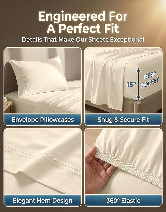LANE LINEN Twin Cotton Sheets Set - 600 Thread Count Premium Sateen Weave for Gentle Feel On Skin - Hotel Quality Luxury for Single Beds - Securely Fits Mattresses Upto 15'' Deep - Ivory