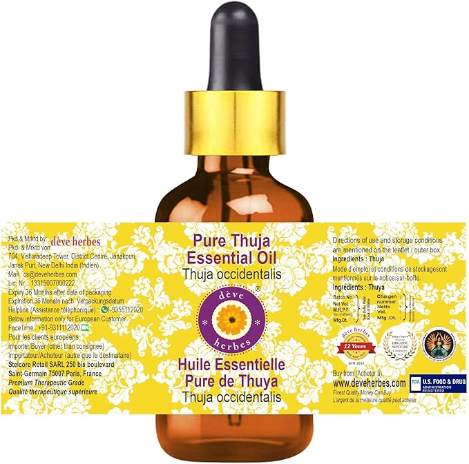 Deve Herbes Pure Thuja Essential Oil (Thuja occidentalis) with Glass Dropper Steam Distilled 50ml (1.69 oz)