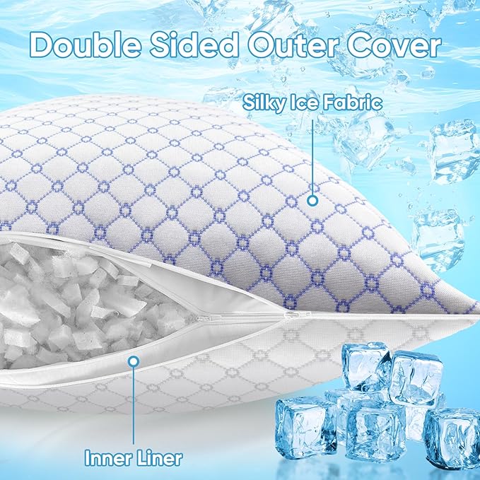 OAISZ Cooling Pillow Standard Size 2 Pack, Shredded Memory Foam Bed Pillows for Sleeping, Adjustable Pillows with Cooling Cover, Soft Yet Supportive Memory Foam Pillows for Side Back Stomach Sleepers