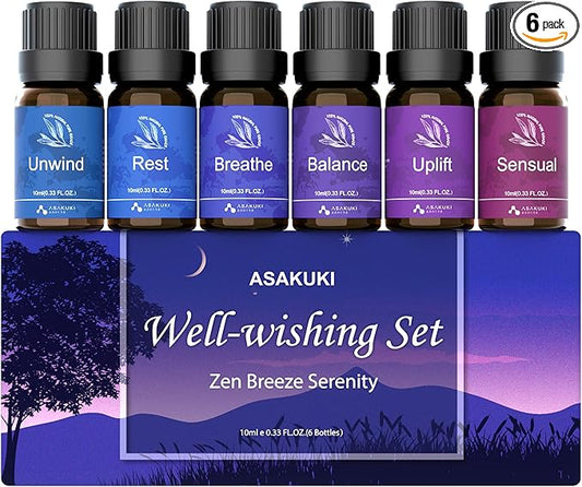 ASAKUKI Essential Oils for Diffuser –6 Mood Essential Oil Blends (Breathe, Uplift, Sensual, Balance, Unwind, Rest) for Morning to Night Rituals, Home & Daily Use- Gifts for Mom