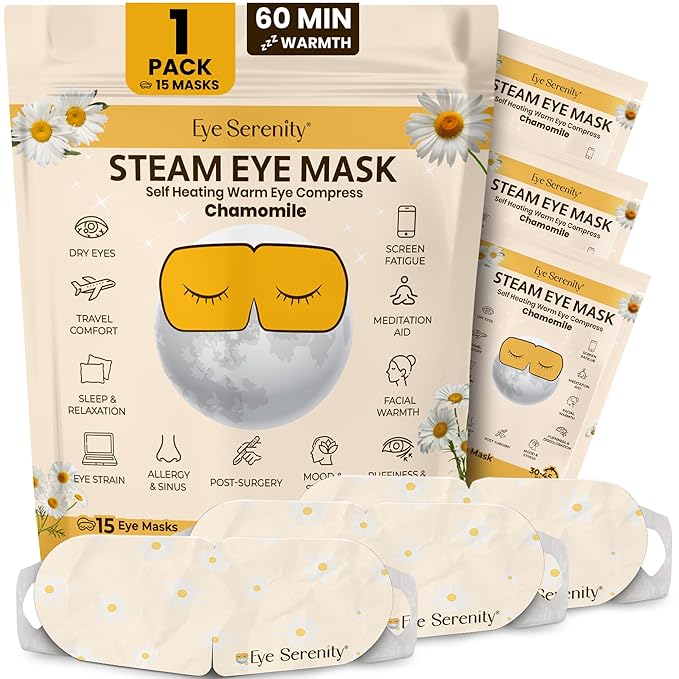 Eye Serenity Steam Eye Mask, Heated Eye Mask, Self Heating Warm Compress for Dry Eyes, Fast Relief for Stye, Puffy Sensitive Eyes, Moist Heat, Mothers Day Gifts for Women and Men - Chamomile