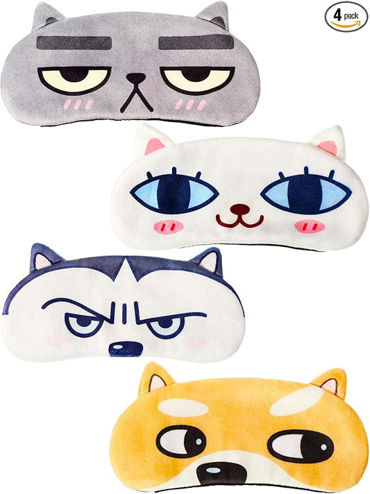 4 Pieces Kids Sleeping Mask Cat Dog Funny Animal Sleep Eye Mask Blindfold for Adults with Adjustable Strap Soft Cute Eyeshade Cover for Blocking Out Lights Sweet Sleep Travel Relax, Nap, Meditation