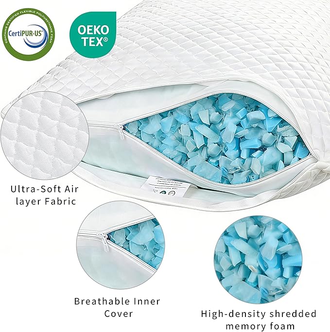 Cooling Pillow for Sleeping Twin Size Set of 2, Shredded Memory Foam Pillows Adjustable Firm Bed Pillow with Zipper, Cool Pillow for Hot, Side, Back and Stomach Sleepers