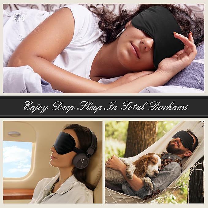 BOKOR Adjustable Silk Sleep Mask, Eye Mask for Sleep, Mulberry Silk Luxury Eye Cover, 100% Light-Blocking, Improve Sleep, with Travel Bag - Black