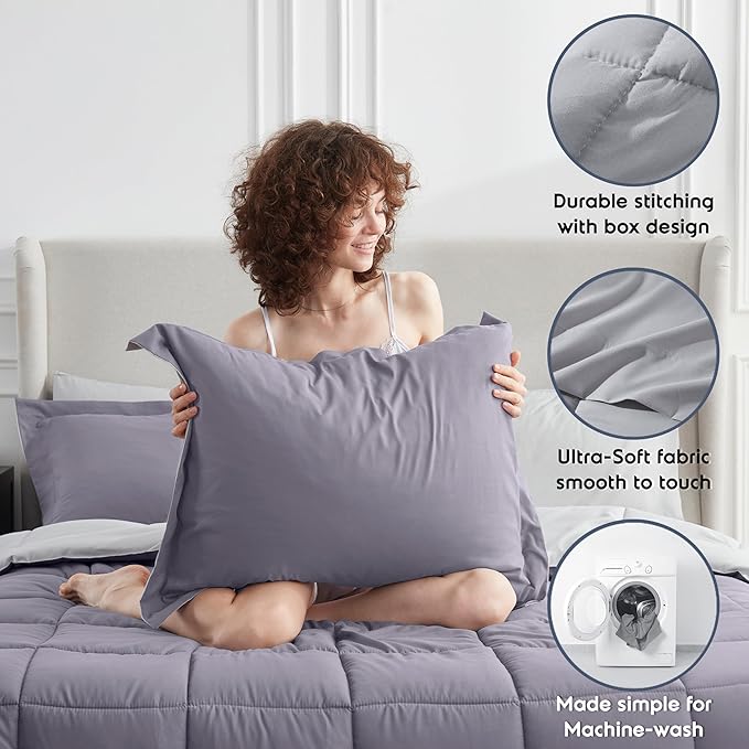 Nestl 9 Piece Queen Comforter Set – Grayish Purple Reversible Bed in a Bag – Complete Queen Size Bedding Set with Sheets, Set of 2 Cooling Pillows, Pillowcases and Shams