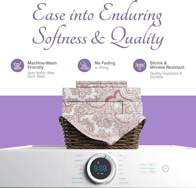 Carressa Linen 100% Egyptian Cotton Queen Sheet Set - 600 Series Hydrangeas Printed Egyptian Cotton Queen Sheets Set (4 PC, Paisley), 16" Deep Pocket Sateen Weave Luxury Hotel Bed Sheet