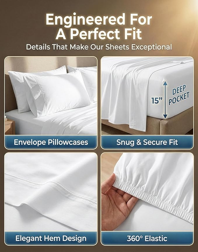 LANE LINEN King Size Sheets Set – 600 Thread Count Long-Staple 100% Cotton Sheets, Naturally Cool & Durable for Everyday Use, 15" Deep Pocket Fitted Sheet with All-Around Elastic for Snug Fit – White