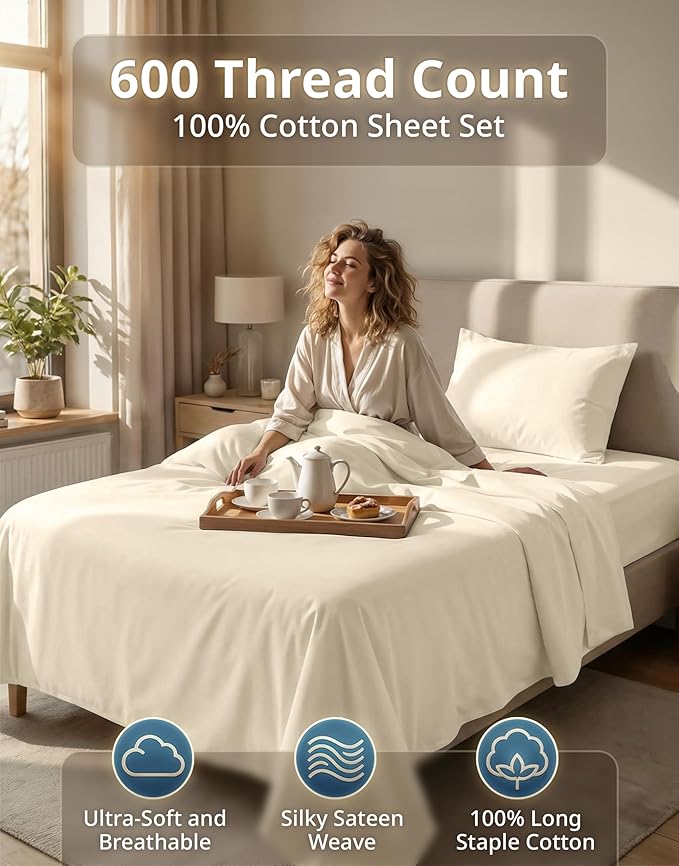 LANE LINEN Twin XL Sheets Set - 600 Thread Count Sateen Weave for Hotel Quality Luxury - Breathable & Very Easy to Care Cotton Sheets Set for College Dorms - Oeko Tex Certified - Ivory
