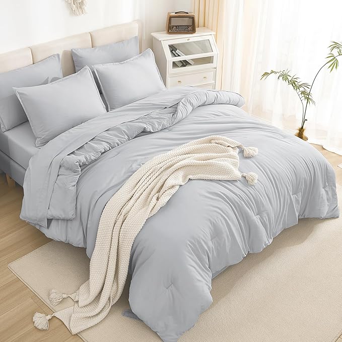 Litanika California King Comforter Set Light Grey - 7 Pieces Bed in a Bag Cal King Bedding Comforter Sets, Plain Lightweight Bed Set with Comforter, Sheets, Pillowcases & Shams