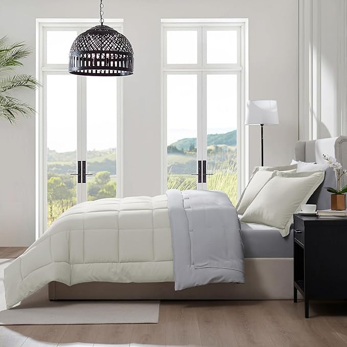 Nestl 9 Piece California King Comforter Set – Off White Reversible Bed in a Bag – Complete Cal King Size Bedding Set with Sheets, Set of 2 Down Alternative Pillows, Pillowcases and Shams