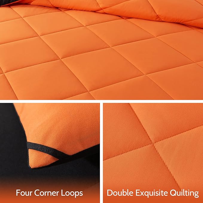 Decroom Lightweight Queen Comforter Set with 2 Pillow Sham - 3 Pieces Set - Quilted Down Alternative Comforter/Duvet Insert for All Season - Orange/Black - Queen Size