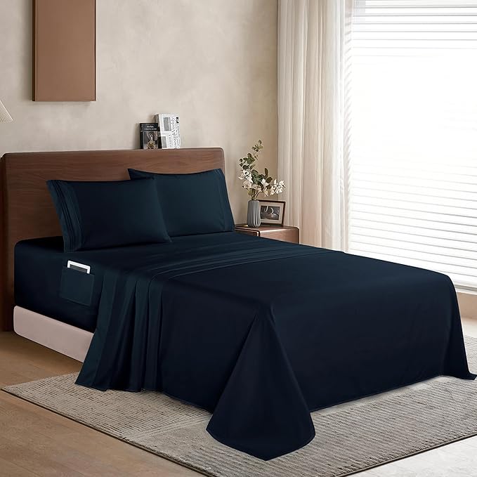 Elegant Comfort Luxury 1500 Premium Hotel Quality Microfiber 4-Piece Sheet Set - Soft, All Around Elastic 18-24 Inches Deep Fitted Sheet - Extra Deep Pocket Sheets, Queen, Black