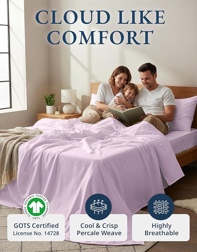 LANE LINEN 100% Organic Cotton Queen Sheets, Low Pill Fade Resistant Classic Percale Weave Bedsheets for Queen Size Bed, 15" Deep Pocket Sustainably Produced Mercerized Cotton Sheeting- Orchid Petal