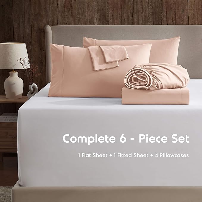 Nestl Extra Deep Full Sheet Set - 6 Piece Breathable & Cooling Sheets - Hotel Luxury Bedding Set w/18-24 Inch Deep Pockets - Easy & Secure Fit - Super Soft, Wrinkle Free & Comfy - Peach Beige