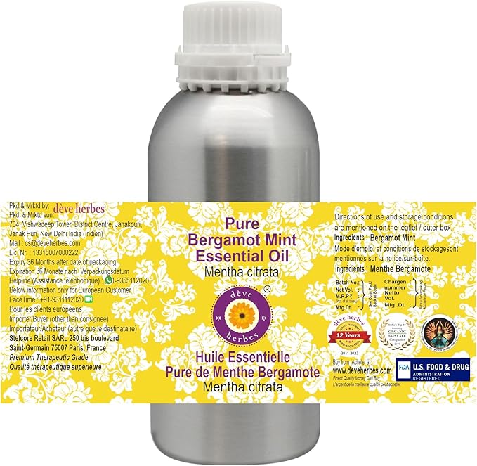 Deve Herbes Pure Bergamot Mint Essential Oil (Mentha citrata) Steam Distilled 630ml (21 oz)