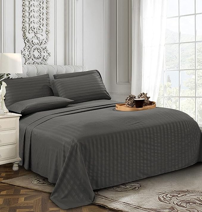 Elegant Comfort Softest and Coziest 4-Piece Sheet Set - 1500 Premium Hotel Quality Microfiber - Luxurious Wrinkle Resistant 4-Piece Damask Stripe Bed Sheet Set, Twin, Grey