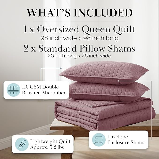 Southshore Fine Living, Inc. Full/Queen Quilt Set, Full Size Quilts with 2 Matching Pillow Shams, Lightweight Quilt Coverlet, Lightweight, Easy Care Machine Washable Queen Size Bedspread, Lavender