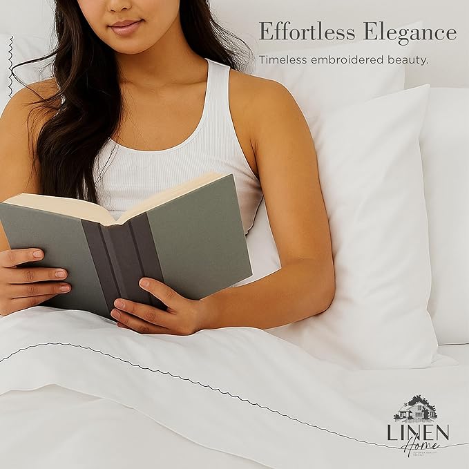 Linen Home 100% Cotton Percale Moon Scallop Hem Pillowcases Queen/Standard Size, Olive Green, 2 Pieces of Pillow Case, Crisp and Cool Strong Bed Linen, 20 inches X 30 inches