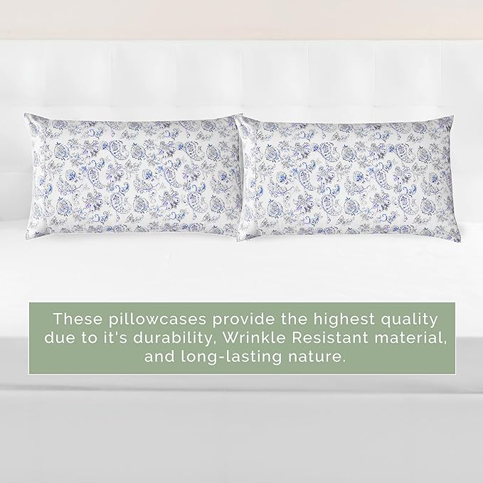 Elegant Comfort Ultra Soft Set of 2 Floral Print Pillowcases - 1500 Premium Hotel Quality Microfiber, Soft and Smooth Envelope Closure 2-Piece Pillow Covers - Standard/Queen, Paisley Indigo