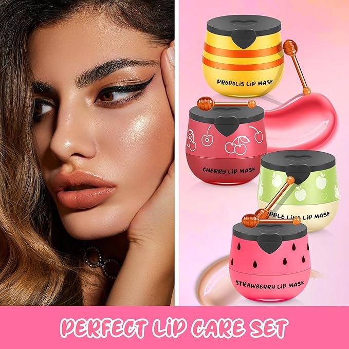 4PCS Bee Honey Balm Lip Balm, Cherry Apple Strawberry Honey Lip Balm, Moisturizing Sleeping Lip Mask Overnight, Prevention Dry and Cracked Lips